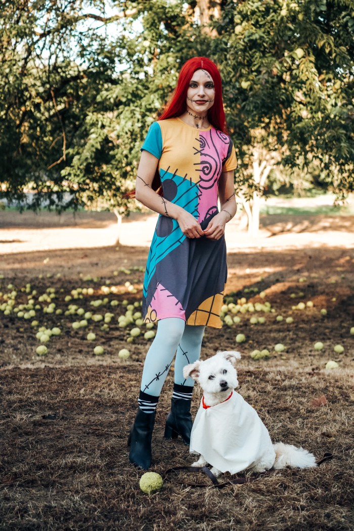 Zero Dog Costume and woman in Sally Costume