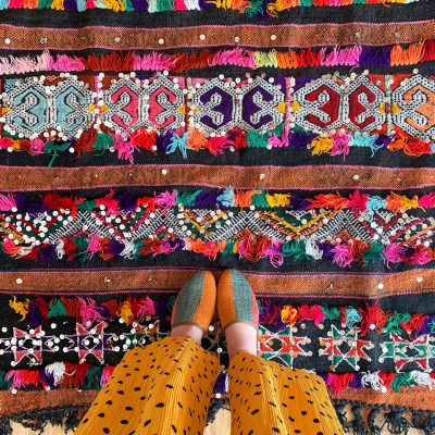 black and rainbow vintage moroccan rug