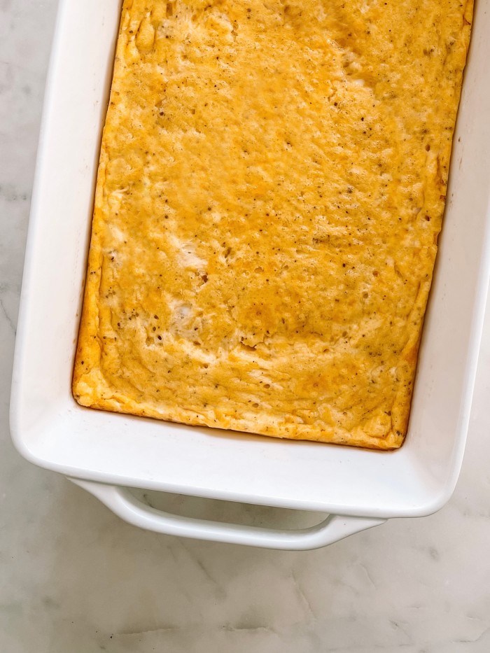cheddar egg bake on marble table