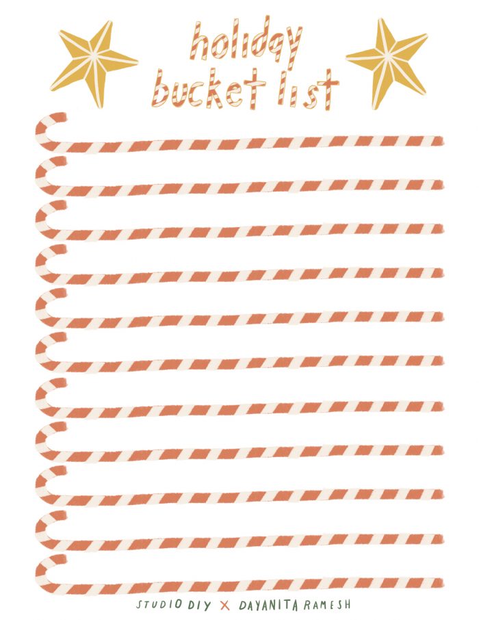 Graphic with "holiday bucket list" on top followed by lines of candy canes. 