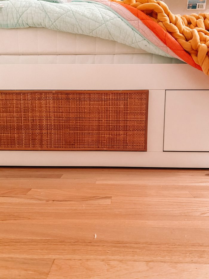 Cane webbing on white IKEA bed drawer